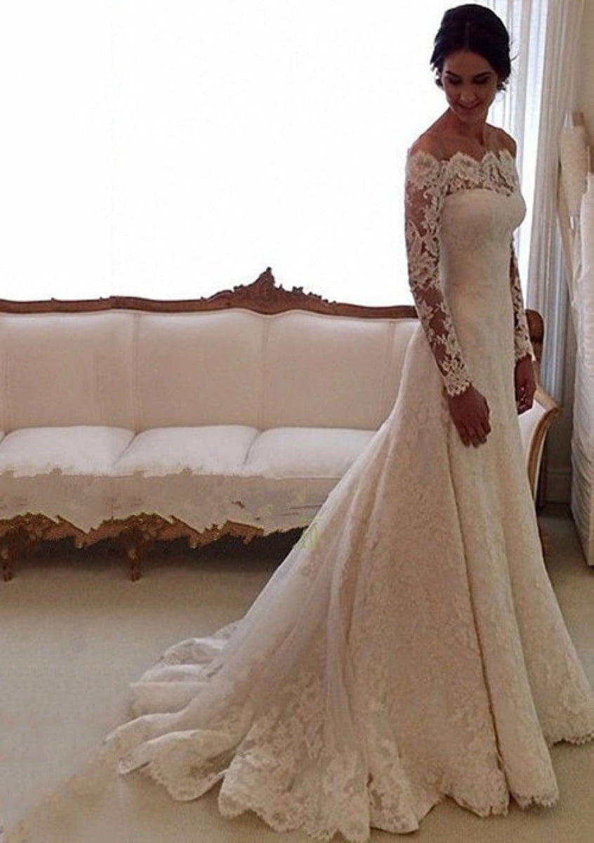 Long Sleeve Backless Lace Fishtail Wedding Dress
