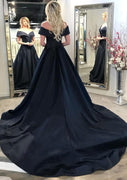 A-line Off Shoulder Surplice Sleeveless Chapel Black Satin Formal Prom Dress