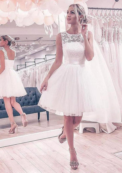 Ball Gown Sleeveless Bateau Short Ivory Lace Tulle Wedding