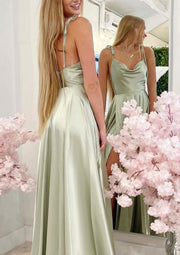 A-line Sleeveless Cowl Neck Floor-Length Charmeuse Prom
