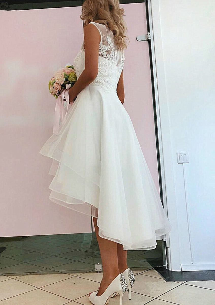 A-line Sleeveless Hi Low Tulle Short Wedding Dress, Lace