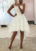 A-line Sleeveless Hi Low Tulle Short Wedding Dress, Lace