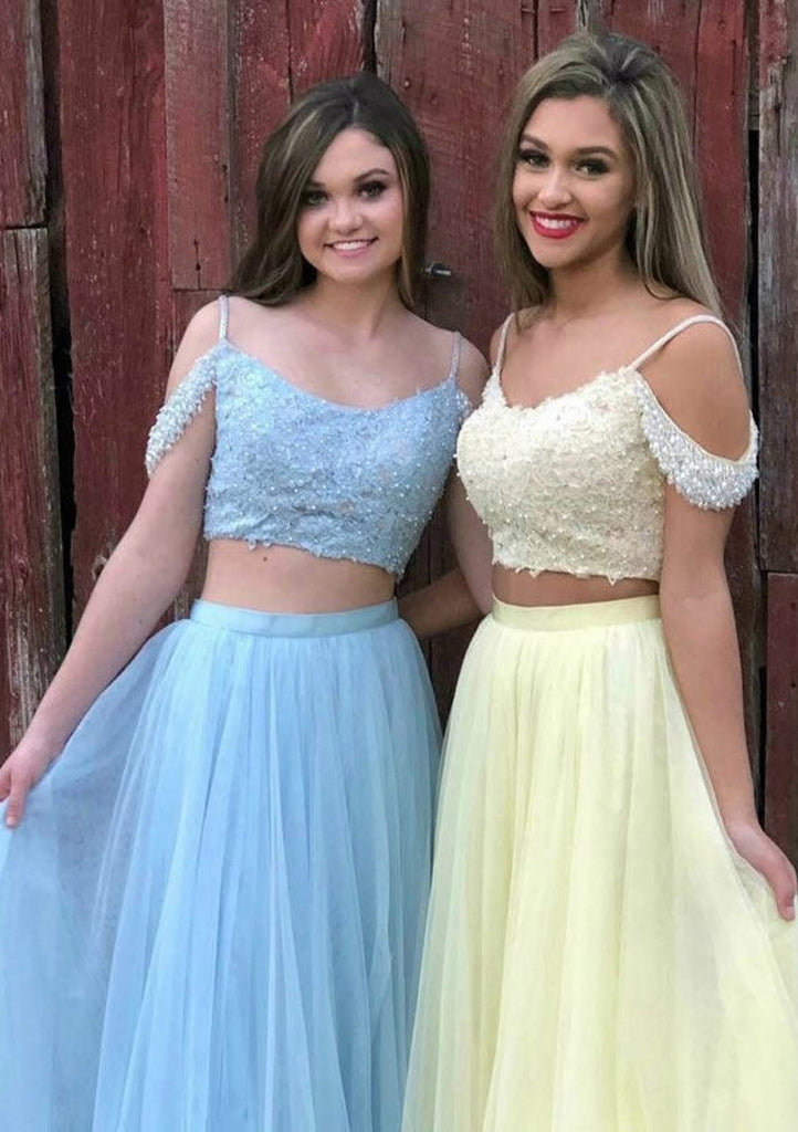 A-line Spaghetti Strap Off Shoulder Long Pleated Tulle Prom