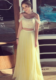 A-line Spaghetti Strap Off Shoulder Long Pleated Tulle Prom