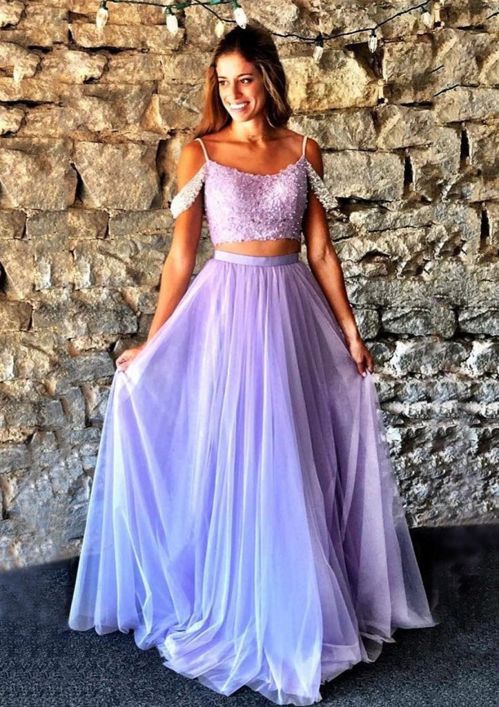 A-line Spaghetti Strap Off Shoulder Long Pleated Tulle Prom
