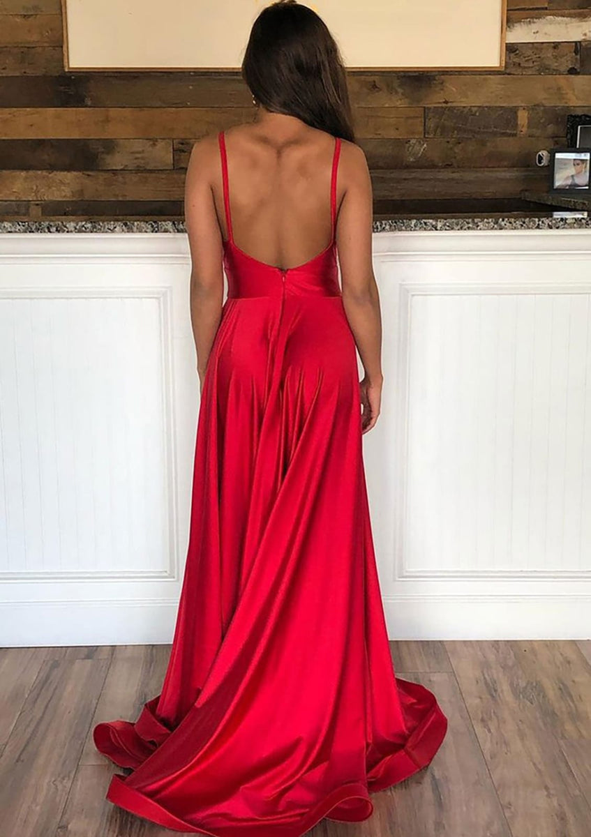 A-line Spaghetti Strap Surplice V-neck Court Train Satin Prom Dress, Split main image 1