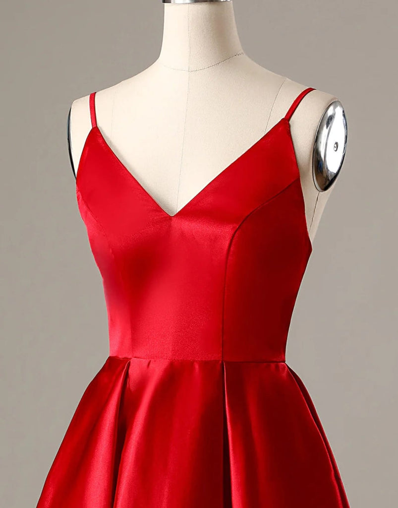 A-Line Spaghetti Straps V Neck Red Satin Homecoming Dress