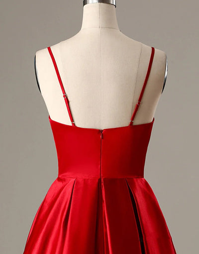 A-Line Spaghetti Straps V Neck Red Satin Homecoming Dress 