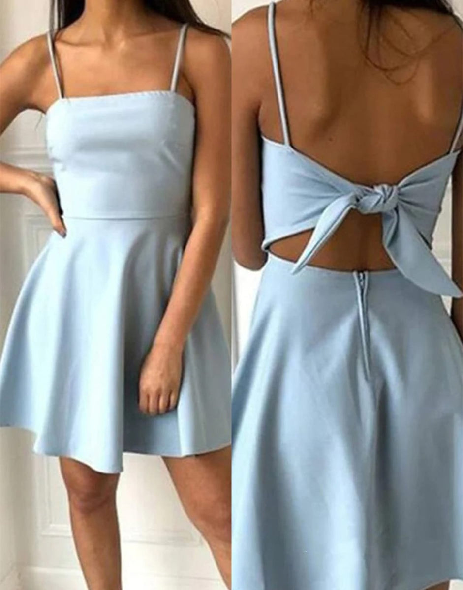 A-Line Spaghetti Straps Short Blue Satin Homecoming Dress, Bow Back US 20W / Blue