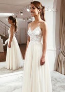 A-line Strap V Neck Simple Long Lace Tulle Bridal Dress, Pleats