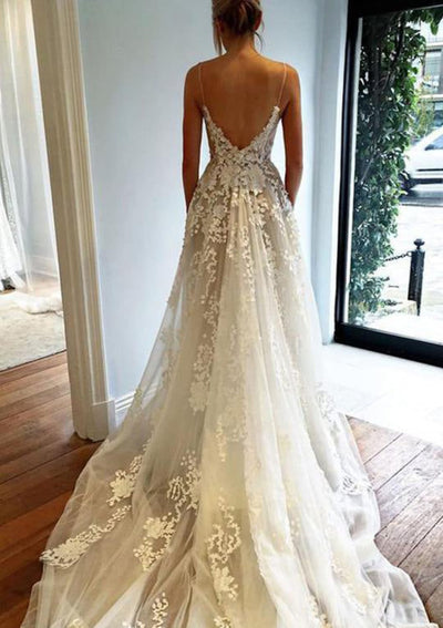 A-line Spaghetti Straps V Back Court Train Tulle Wedding