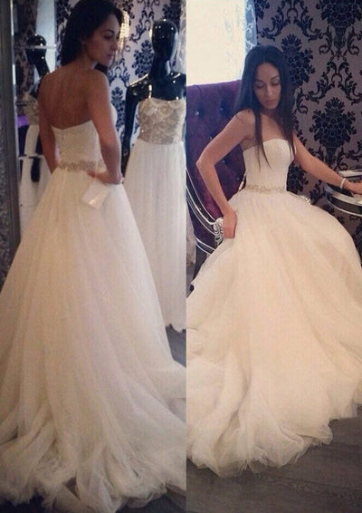 A-Line Strapless Court Tulle Wedding Dress Beaded Waistband