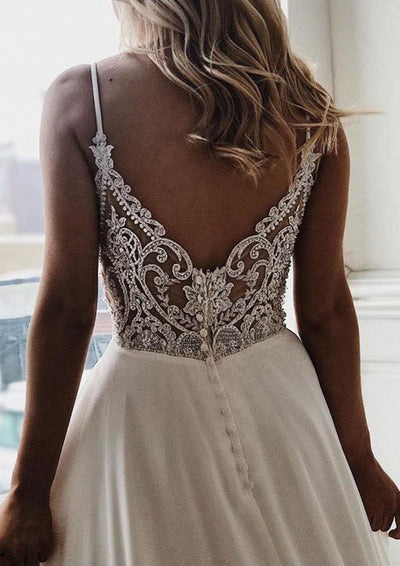A-line Spaghetti Straps V Neck Sleeveless Ivory Chiffon
