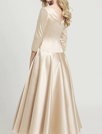 A-line V Neck Ankle Length Satin 3/4 Sleeve Mother of Bride