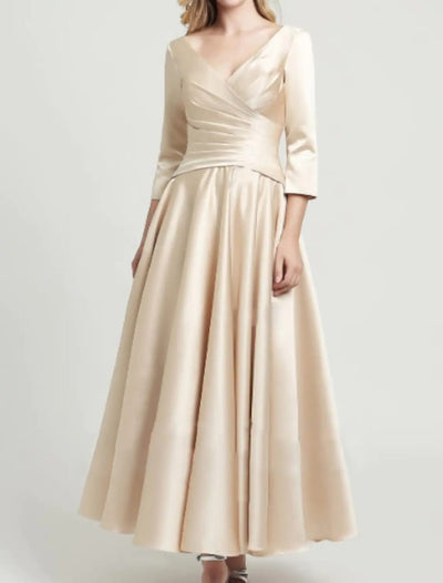 A-line V Neck Ankle Length Satin 3/4 Sleeve Mother of Bride