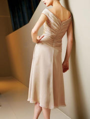 A-line V Neck Tea Length Chiffon Satin Mother of Bride Dress