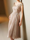 A-line Surplice Neck Tea Length Chiffon Satin Ruched Mother of Bride Dress