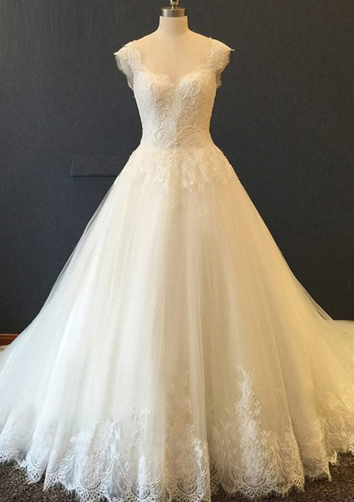 A-Line Sweetheart Court Train Lace Tulle Bridal Wedding