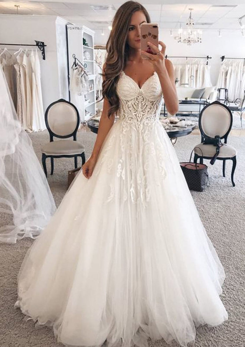 A-Line Wedding Dress Tea Length 3/4 Sleeve V Neck Lace Tulle Bridal Gown
