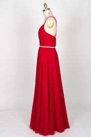 A-line Sweetheart Strap Beaded Red Chiffon Long Bridesmaid