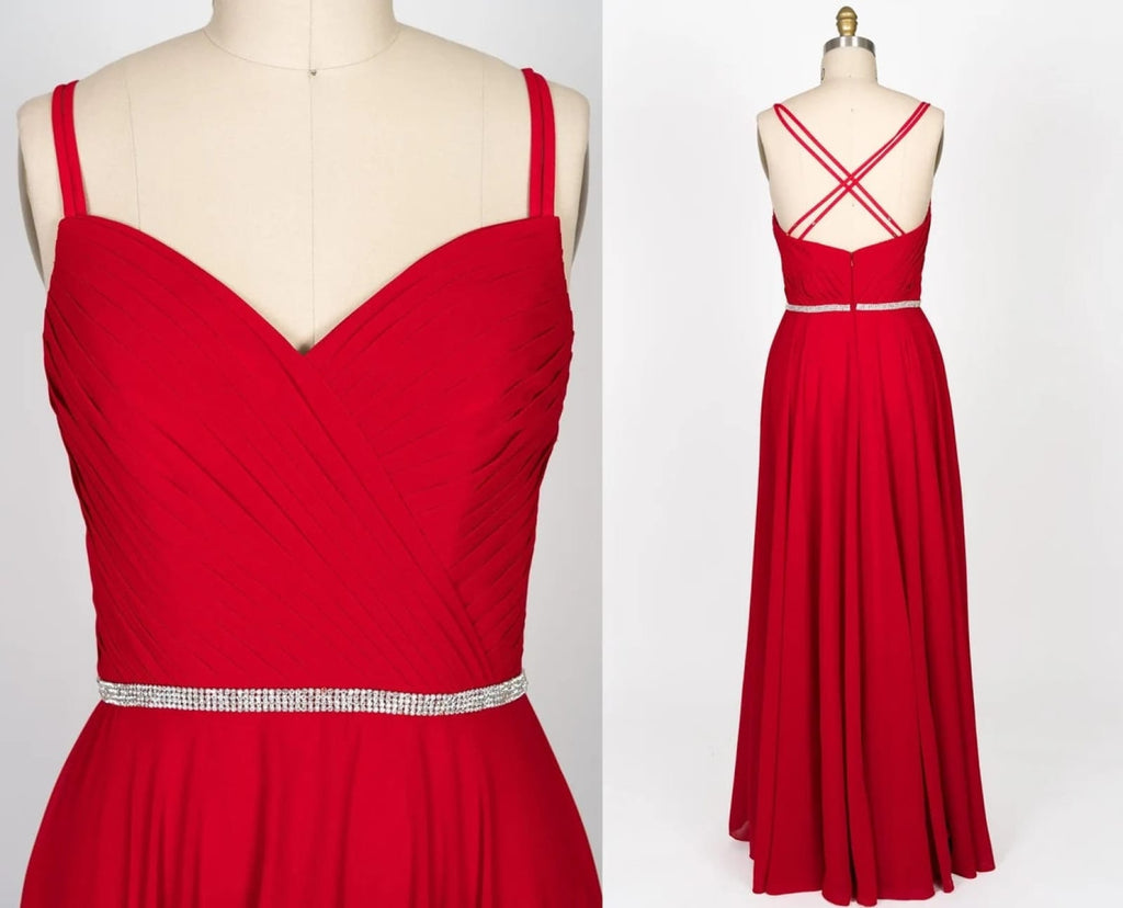 A-line Sweetheart Strap Beaded Red Chiffon Long Bridesmaid