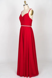 A-line Sweetheart Strap Beaded Red Chiffon Long Bridesmaid
