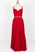 A-line Sweetheart Strap Beaded Red Chiffon Long Bridesmaid Dress