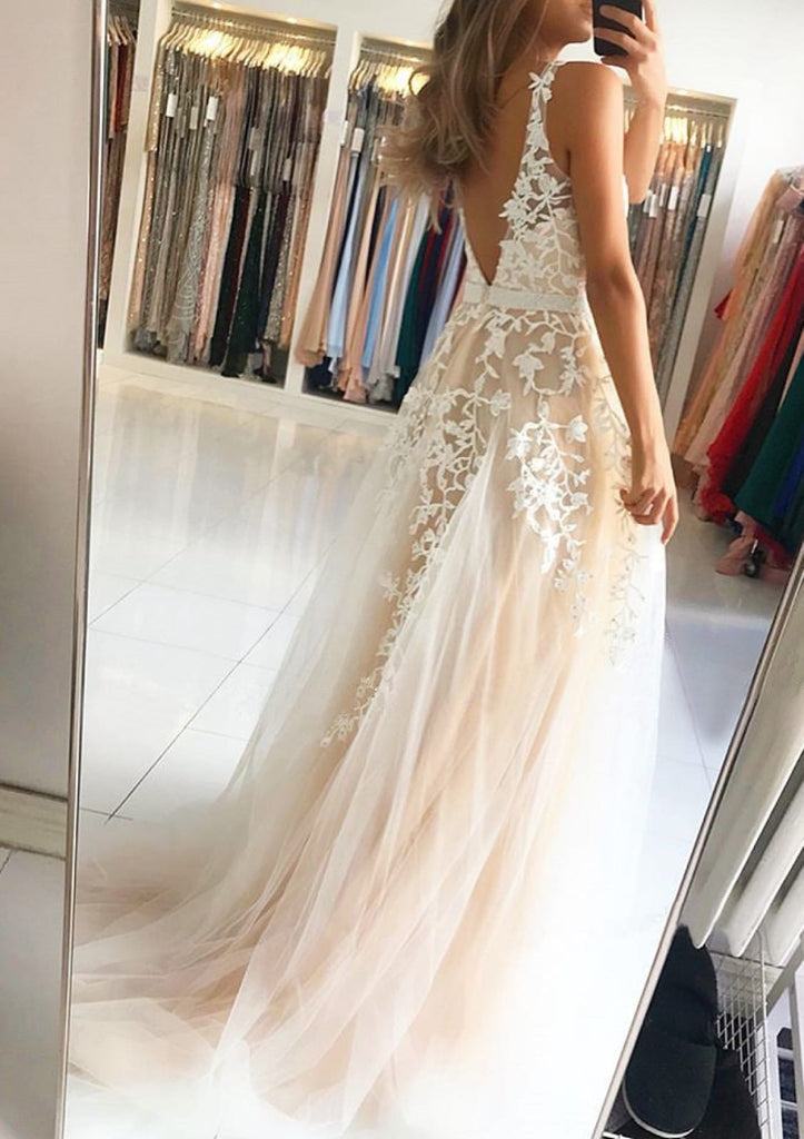 A-line/Princess Champagne Sleeveless Long Tulle Evening