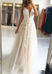 A-line/Princess Champagne Sleeveless Long Tulle Evening