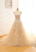 Corte A/Princesa Vestido de novia de tul champán, Encaje marfil