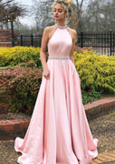 A-line/Princess Jewel Halter Sweep Train Satin Formal Prom Dress, Beaded
