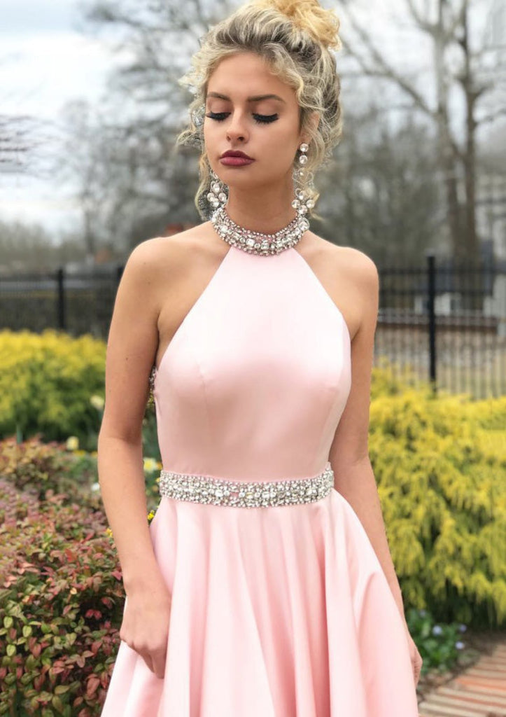 A-line/Princess Jewel Neck Sleeveless Sweep Train Satin Prom