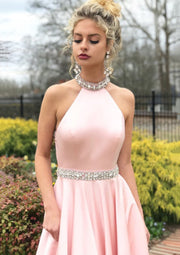 A-line/Princess Jewel Neck Sleeveless Sweep Train Satin Prom
