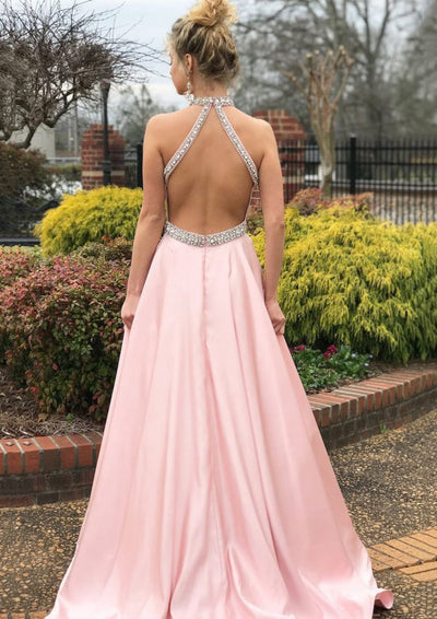 A-line/Princess Jewel Neck Sleeveless Sweep Train Satin Prom