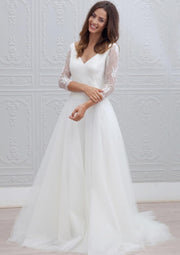 A-line/Princess V Neck 3/4 Sleeve Sweep Tulle Wedding Dress