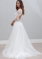 A-line/Princess V Neck 3/4 Sleeve Sweep Tulle Wedding Dress