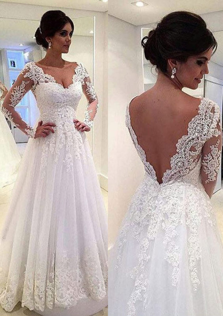 A-Line/Princess V Neck Sweep Train Lace Tulle Wedding Dress