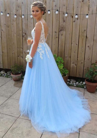 A-line/Princess V Neck Sleeveless Court Train Tulle Prom