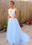 A-line/Princess V Neck Sleeveless Court Lace Tulle Prom Dress