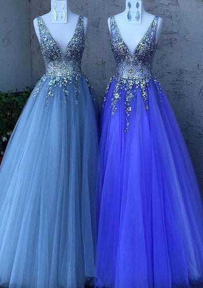 A-line/Princess V-neck Sleeveless Tulle Long Formal Party