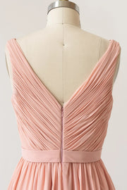 Long Crinkle V Neck Peach Chiffon Pleated Sleeveless