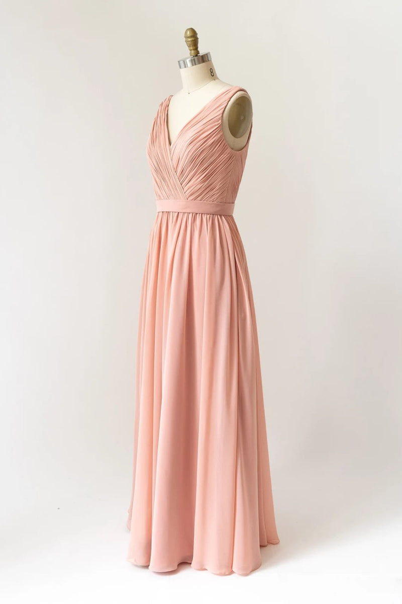 Long Crinkle V Neck Peach Chiffon Pleated Sleeveless Bridesmaid Dress Long Crinkle V Neck Peach Chiffon Pleated Sleeveless Bridesmaid Dress