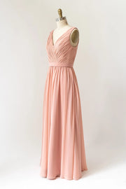 Long Crinkle V Neck Peach Chiffon Pleated Sleeveless