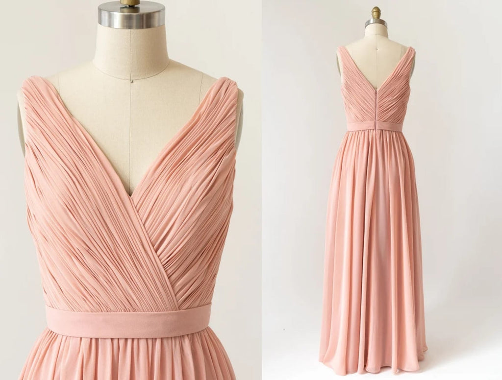 Long Crinkle V Neck Peach Chiffon Pleated Sleeveless