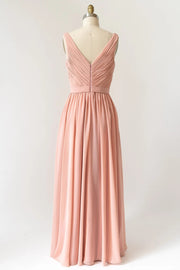 Long Crinkle V Neck Peach Chiffon Pleated Sleeveless