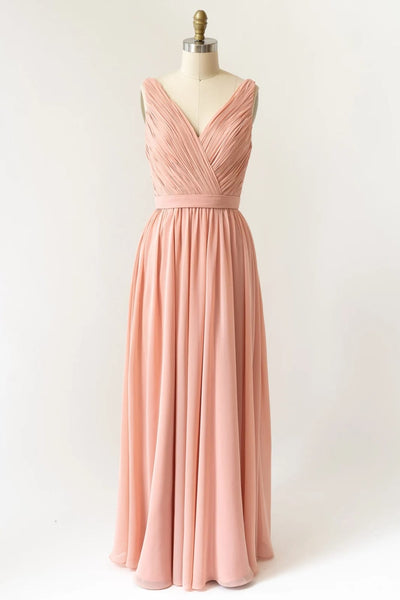 Long Crinkle V Neck Peach Chiffon Pleated Sleeveless