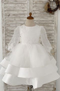 Abito da ragazza di fiori da sposa in crine di cavallo con maniche lunghe in organza con paillettes e tulle