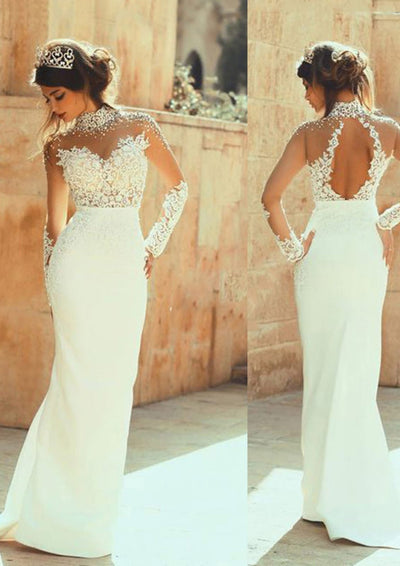 Long Sleeve Illusion High-Neck Chiffon Column Wedding Dress