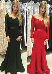 Long Sleeve Off Shoulder Green Lace Satin Fishtail Evening