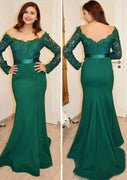 Long Sleeve Off Shoulder Green Lace Satin Fishtail Evening Gown
